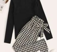 Mock Neck Solid Tee & Belted Houndstooth Pants