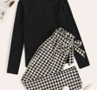 Mock Neck Solid Tee & Belted Houndstooth Pants
