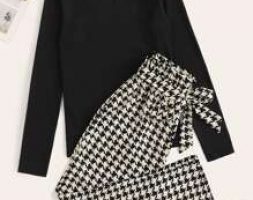 Mock Neck Solid Tee & Belted Houndstooth Pants