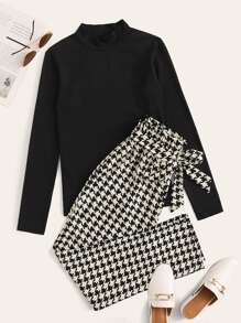 Mock Neck Solid Tee & Belted Houndstooth Pants