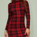 Mock-Neck Tartan Bodycon Dress