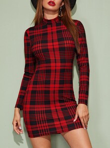 Mock-Neck Tartan Bodycon Dress