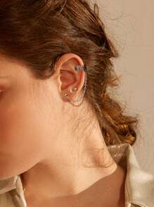 Moon Detail Stud Earrings With Ear Cuff 3pcs