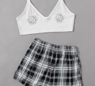 Moon Graphic Plaid Shorts PJ Set