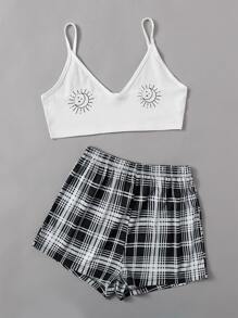 Moon Graphic Plaid Shorts PJ Set