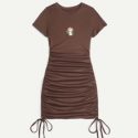 Mushroom Embroidery Drawstring Bodycon Dress