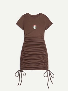 Mushroom Embroidery Drawstring Bodycon Dress