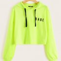 Neon Lime Letter Graphic Drawstring Hoodie