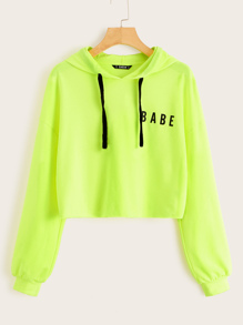 Neon Lime Letter Graphic Drawstring Hoodie