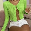 Neon Lime Ribbed Knit Knot Front Crop Cardigan