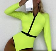 Neon Lime Zip Front Belted One Piece Swimsuit