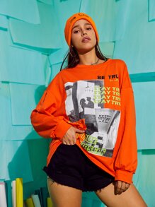 Neon Orange Letter Graphic Oversized Sweatshirt