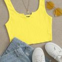 Neon Yellow Notched Neck Rib-knit Crop Tank Top