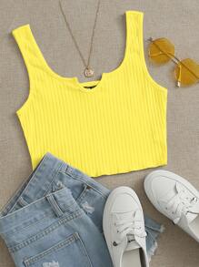 Neon Yellow Notched Neck Rib-knit Crop Tank Top