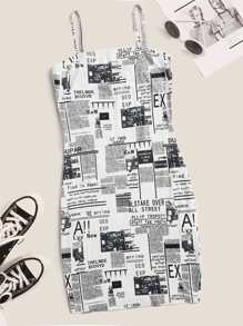 Newspaper Print Cami Bodycon Mini Dress