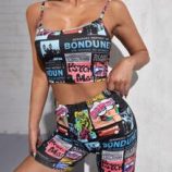 Newspaper Print Cami Top & Biker Shorts Set