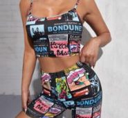 Newspaper Print Cami Top & Biker Shorts Set