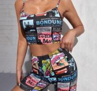 Newspaper Print Cami Top & Biker Shorts Set