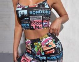 Newspaper Print Cami Top & Biker Shorts Set