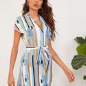 Notch Neck Curved Hem Striped Belted Dress