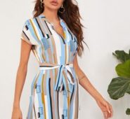 Notch Neck Curved Hem Striped Belted Dress