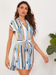 Notch Neck Curved Hem Striped Belted Dress