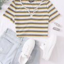 Notch Neck Rib-knit Striped Crop Top