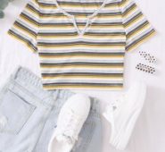 Notch Neck Rib-knit Striped Crop Top