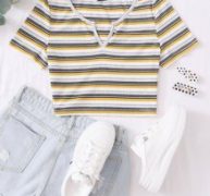 Notch Neck Rib-knit Striped Crop Top