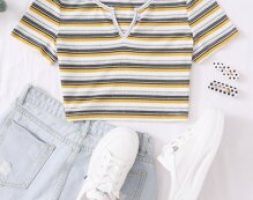 Notch Neck Rib-knit Striped Crop Top