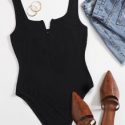 Notch Neck Solid Form Fitted Bodysuit