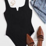 Notch Neck Solid Form Fitted Bodysuit