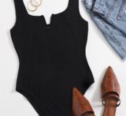 Notch Neck Solid Form Fitted Bodysuit