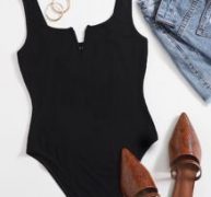 Notch Neck Solid Form Fitted Bodysuit