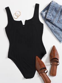 Notch Neck Solid Form Fitted Bodysuit