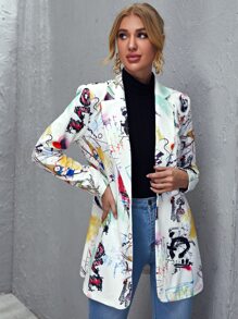 Notched Collar Single Button Pop Art Print Blazer