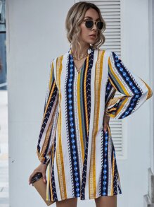 Notched Geo And Striped Tunic Dress