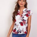 Notched Neck Curved Hem Floral Print Top