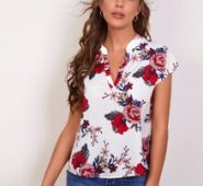 Notched Neck Curved Hem Floral Print Top