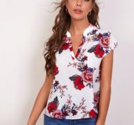 Notched Neck Curved Hem Floral Print Top
