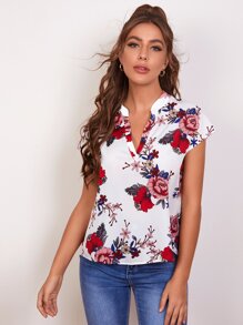 Notched Neck Curved Hem Floral Print Top