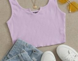 Notched Neck Rib-knit Crop Tank Top