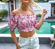 Off Shoulder Allover Floral Puff Sleeve Frill Trim Shirred Top