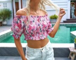 Off Shoulder Allover Floral Puff Sleeve Frill Trim Shirred Top