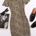 Off Shoulder Button Front Lettuce Edge Leopard Dress