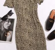 Off Shoulder Button Front Lettuce Edge Leopard Dress