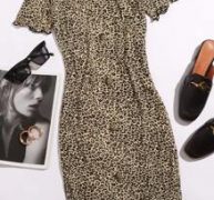 Off Shoulder Button Front Lettuce Edge Leopard Dress