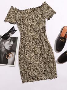 Off Shoulder Button Front Lettuce Edge Leopard Dress