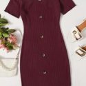 Off Shoulder Button Front Rib-knit Dress