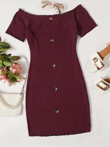 Off Shoulder Button Front Rib-knit Dress